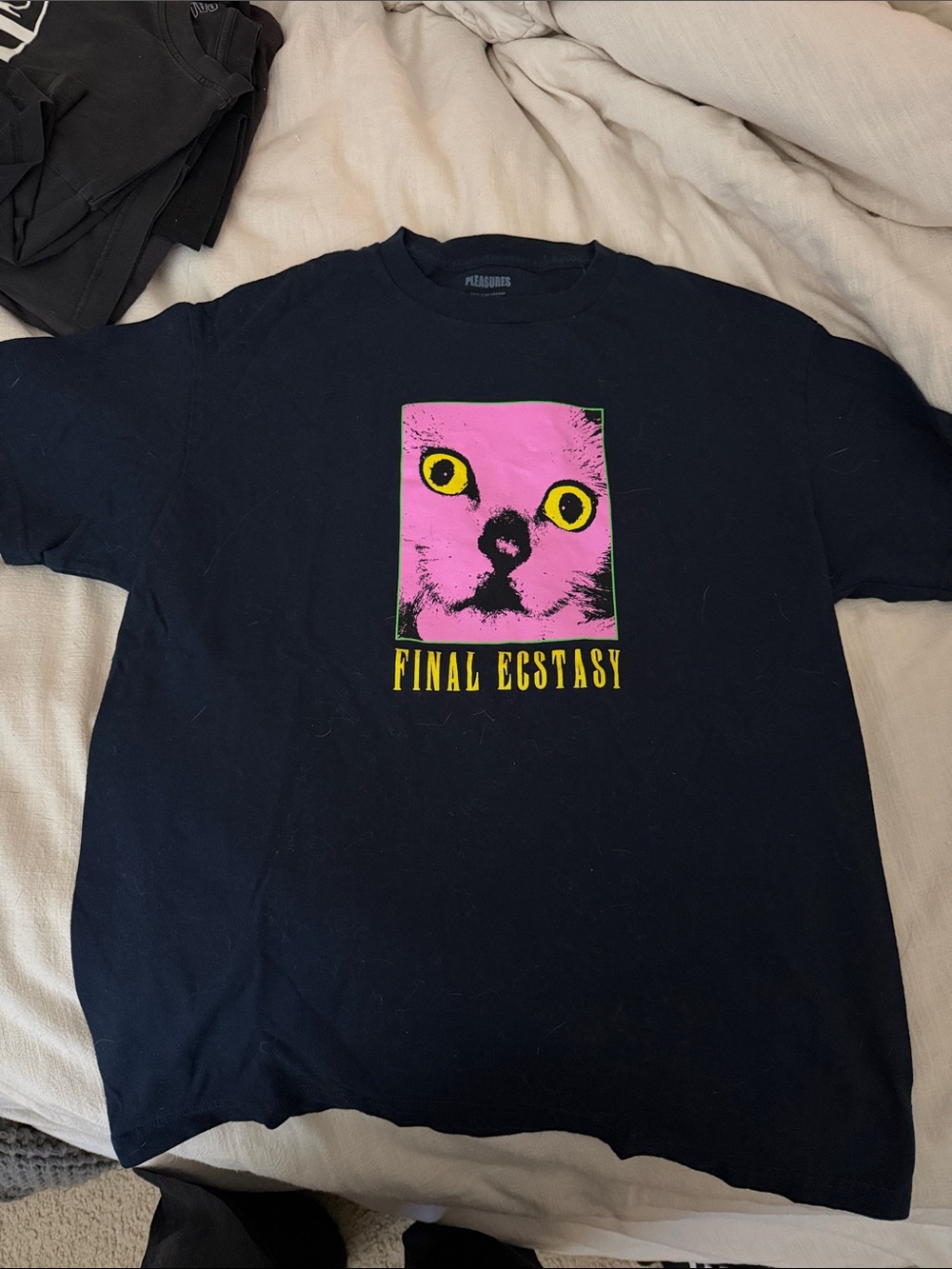 Final Ecstasy Cat Graphic T-Shirt - Black with Pink & Yellow Print